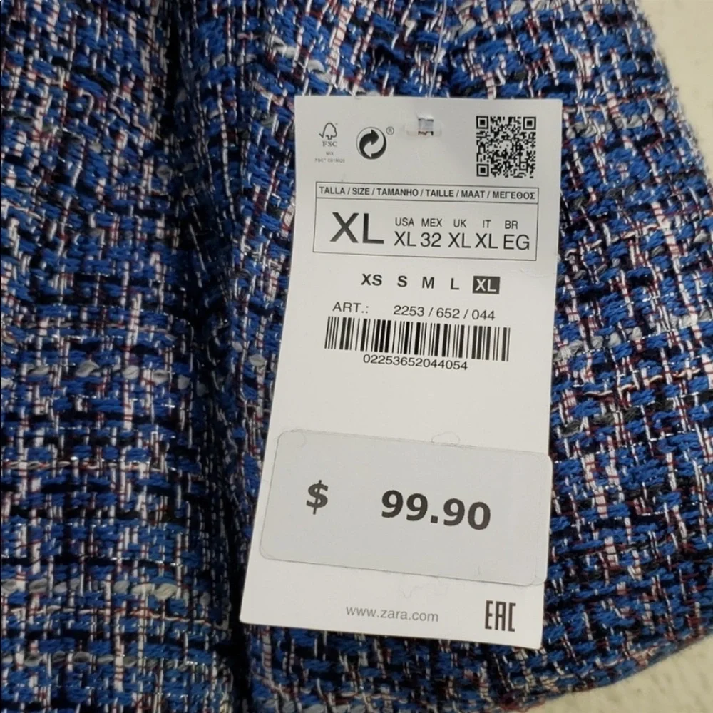 Zara Basic NWOT Blue tweed pearl blazer size XL - Picture 3 of 4